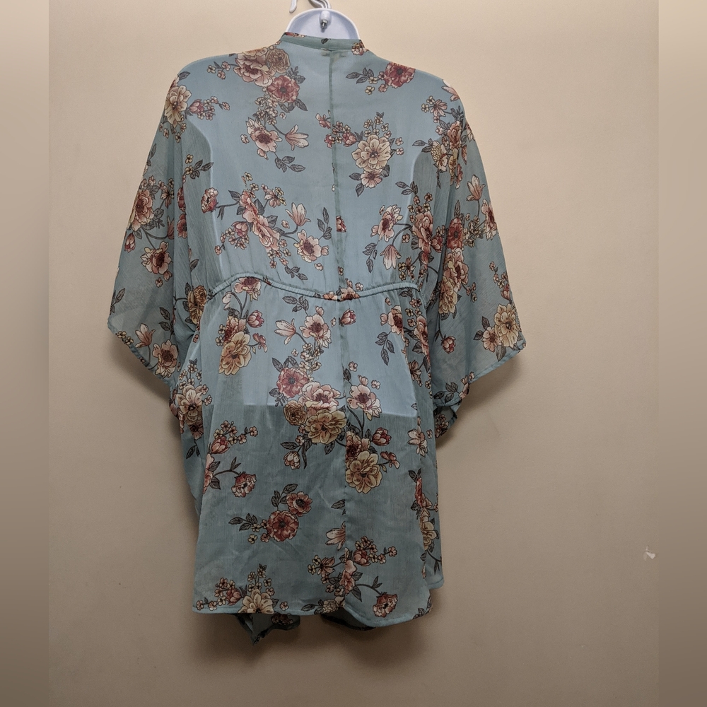 Lily White Teal Blue Floral Kimono Sheer Beach Cover Up S - Picture 2 of 4